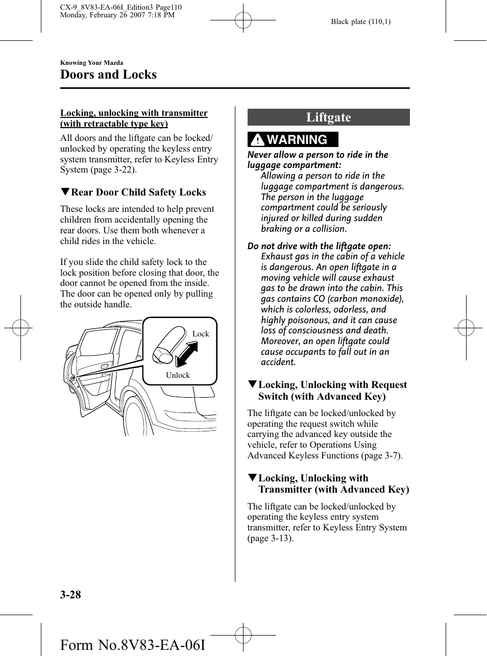 Liftgate, Liftgate -28, Doors and locks | Warning | Mazda 2007 CX-9 User Manual | Page 110 / 502