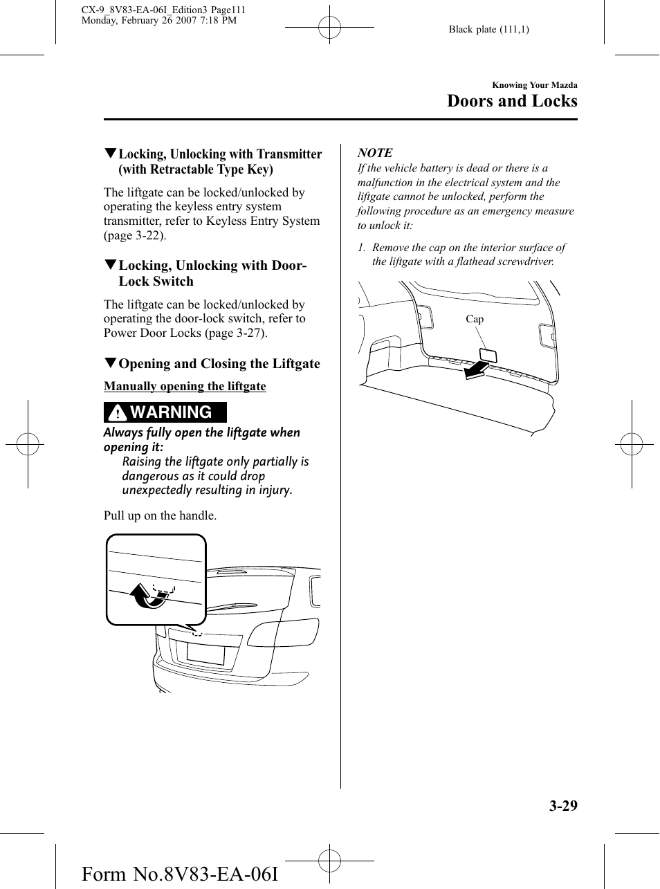 Doors and locks, Warning | Mazda 2007 CX-9 User Manual | Page 111 / 502
