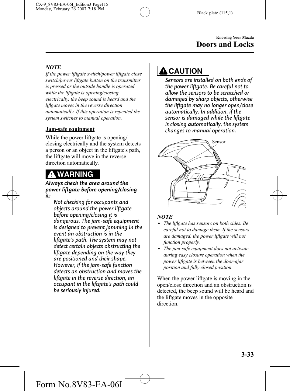 Doors and locks, Warning, Caution | Mazda 2007 CX-9 User Manual | Page 115 / 502