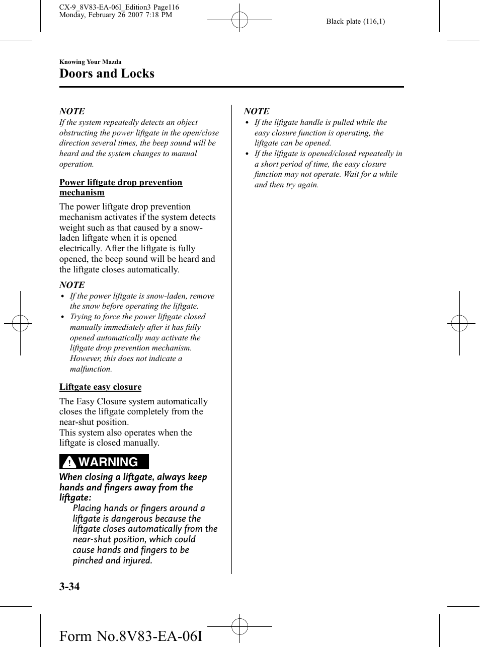 Doors and locks, Warning | Mazda 2007 CX-9 User Manual | Page 116 / 502