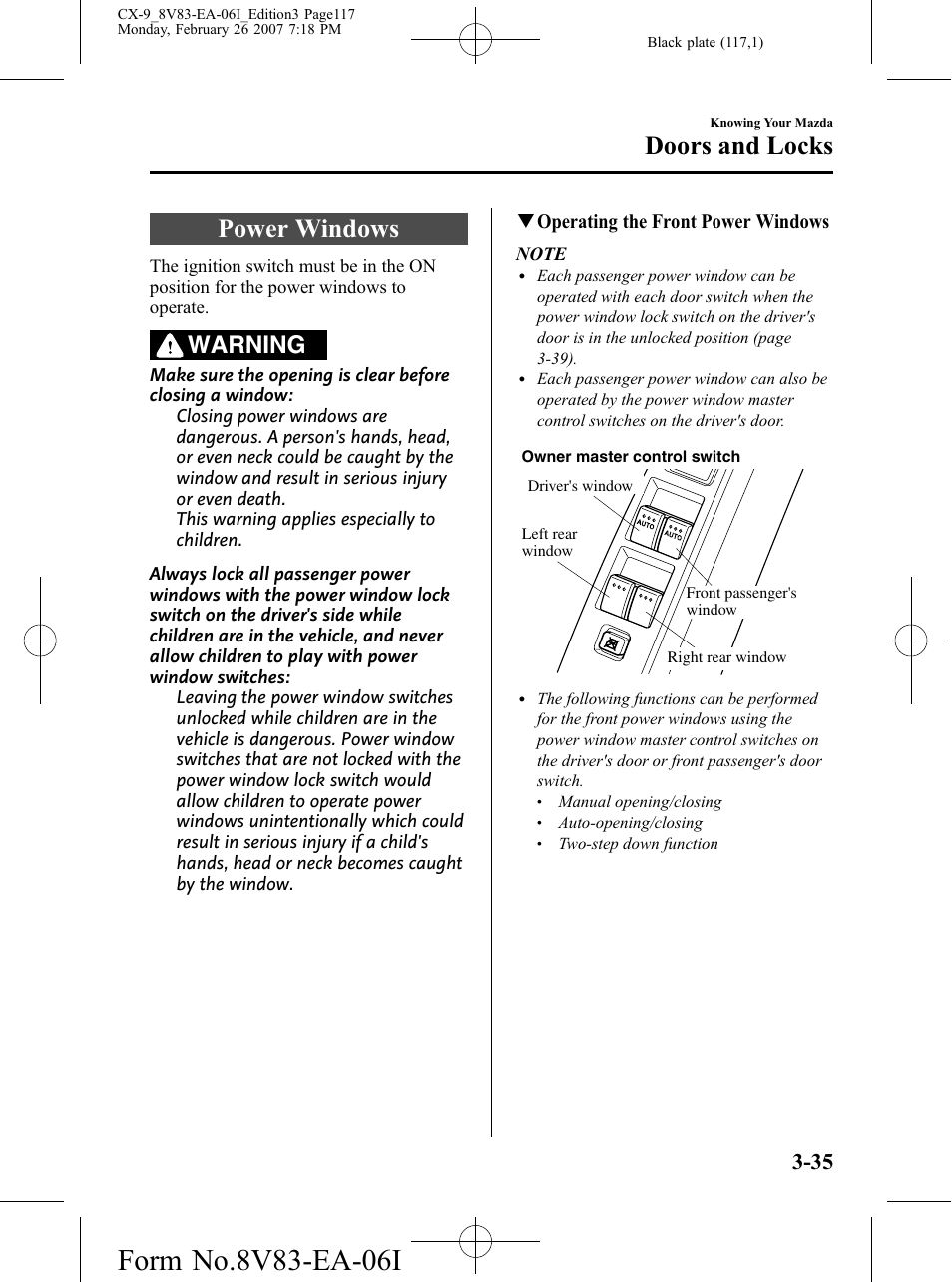 Power windows, Power windows -35, Doors and locks | Warning, Qoperating the front power windows | Mazda 2007 CX-9 User Manual | Page 117 / 502