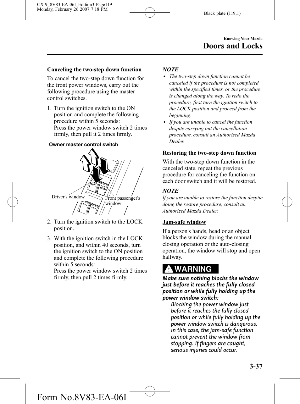 Doors and locks, Warning | Mazda 2007 CX-9 User Manual | Page 119 / 502