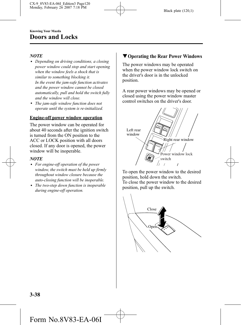 Doors and locks, Qoperating the rear power windows | Mazda 2007 CX-9 User Manual | Page 120 / 502