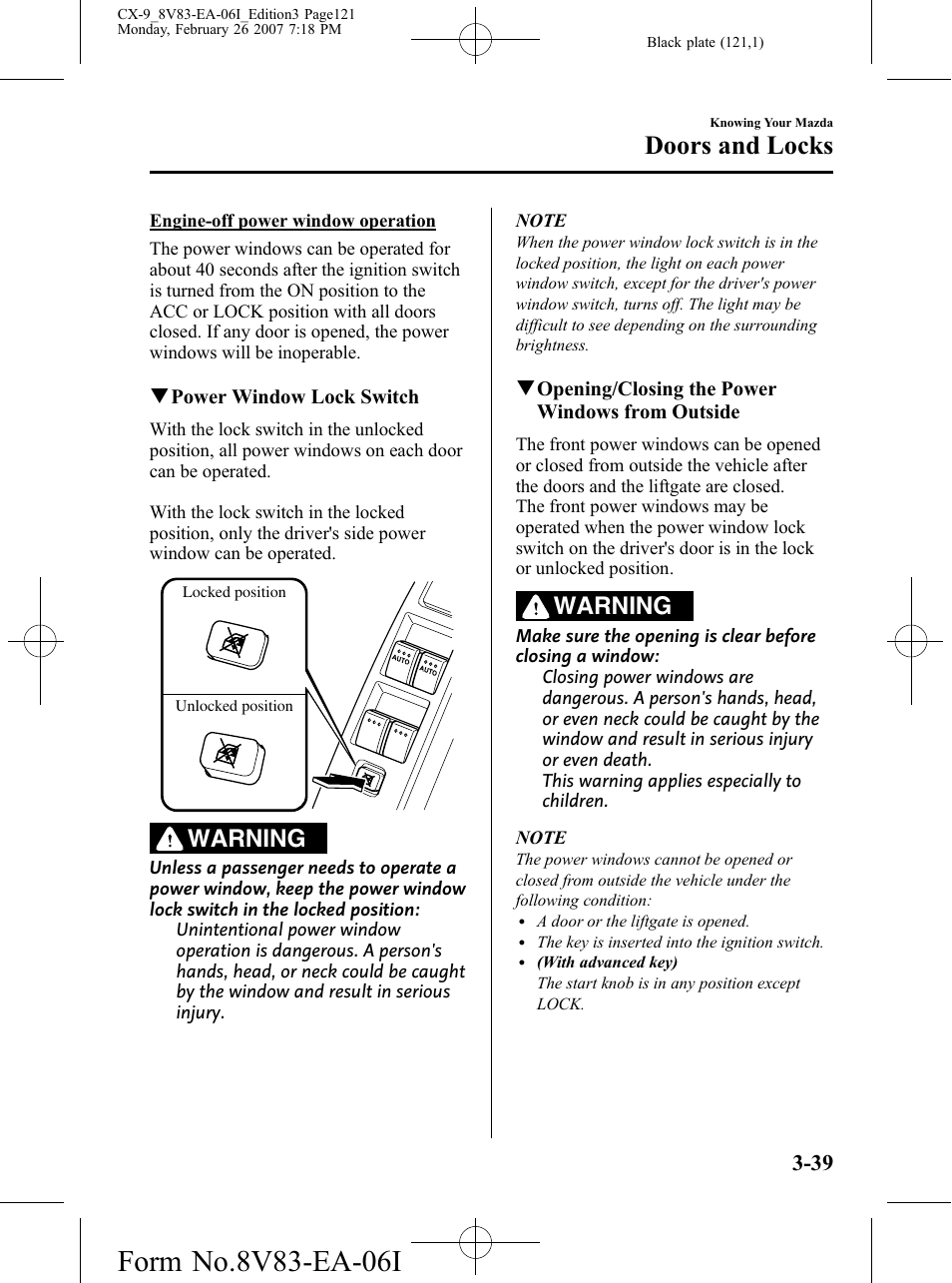 Doors and locks, Warning | Mazda 2007 CX-9 User Manual | Page 121 / 502
