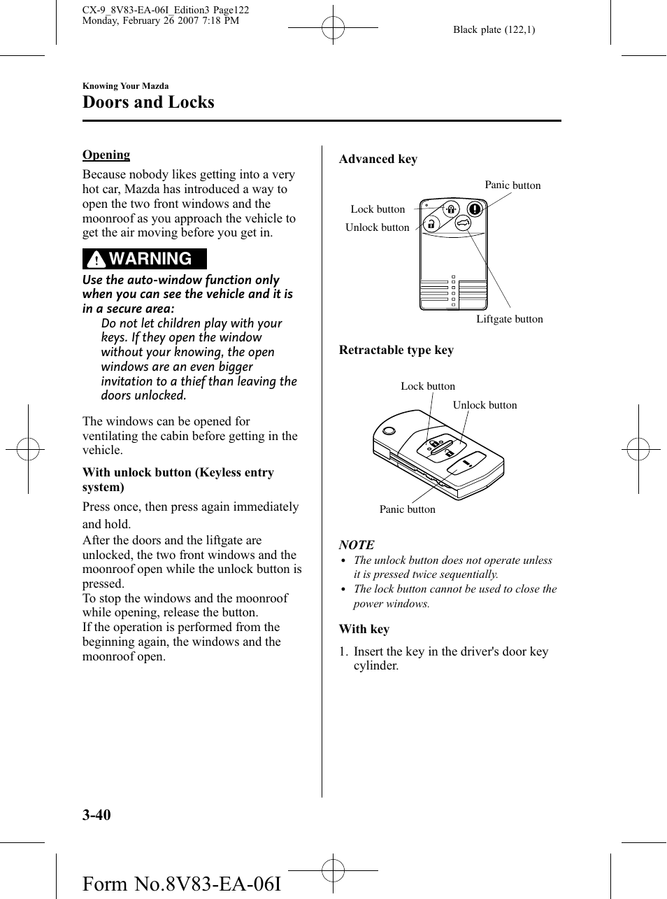 Doors and locks, Warning | Mazda 2007 CX-9 User Manual | Page 122 / 502