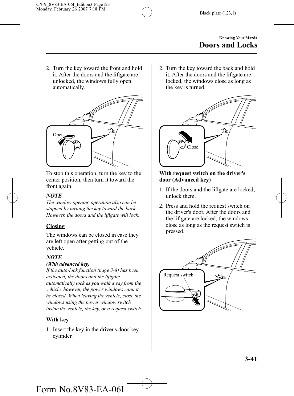Doors and locks | Mazda 2007 CX-9 User Manual | Page 123 / 502