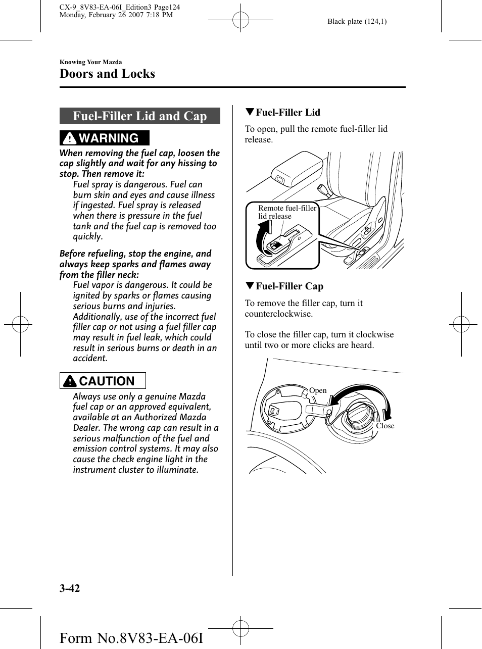 Fuel-filler lid and cap, Fuel-filler lid and cap -42, Doors and locks | Warning, Caution | Mazda 2007 CX-9 User Manual | Page 124 / 502