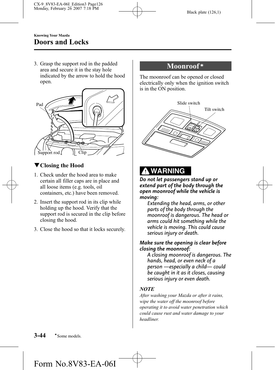 Moonroof, Doors and locks, Warning | Mazda 2007 CX-9 User Manual | Page 126 / 502
