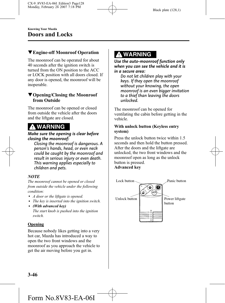 Doors and locks, Warning | Mazda 2007 CX-9 User Manual | Page 128 / 502