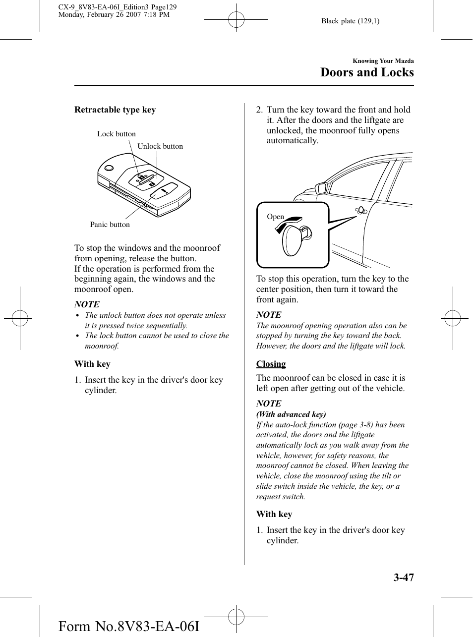 Doors and locks | Mazda 2007 CX-9 User Manual | Page 129 / 502