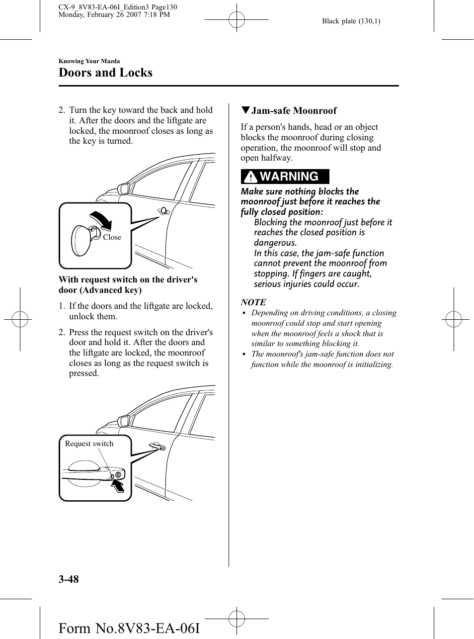 Doors and locks, Warning | Mazda 2007 CX-9 User Manual | Page 130 / 502