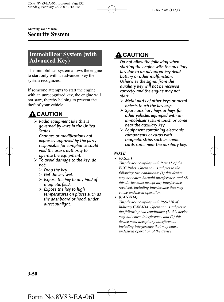 Security system, Immobilizer system (with advanced key), Security system -50 | Immobilizer system (with advanced key) -50, Caution | Mazda 2007 CX-9 User Manual | Page 132 / 502