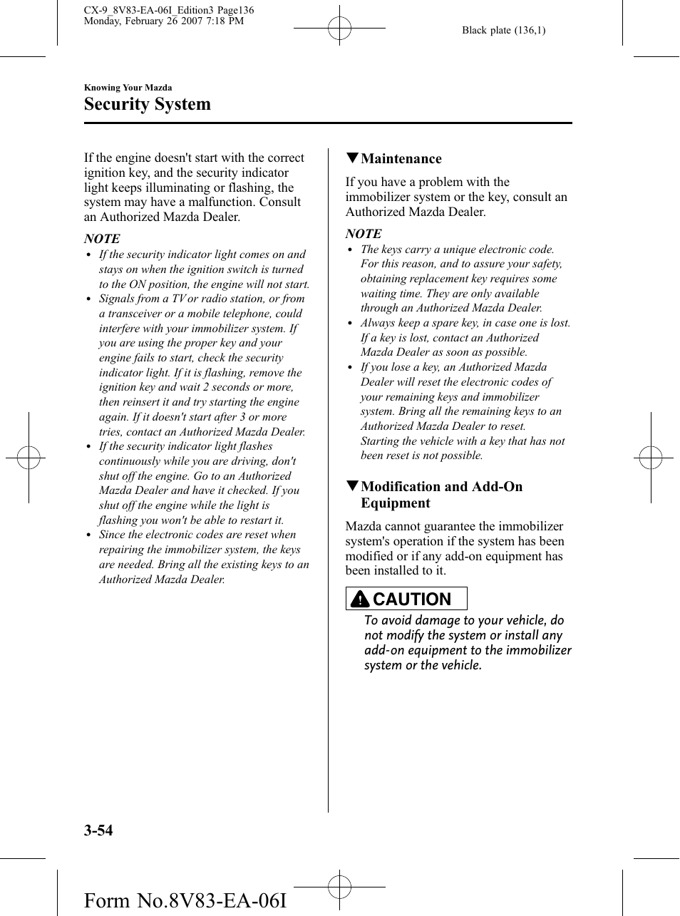 Security system, Caution, Qmaintenance | Qmodification and add-on equipment | Mazda 2007 CX-9 User Manual | Page 136 / 502