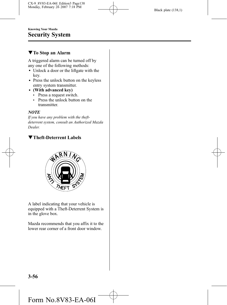 Security system, Qto stop an alarm, Qtheft-deterrent labels | Mazda 2007 CX-9 User Manual | Page 138 / 502