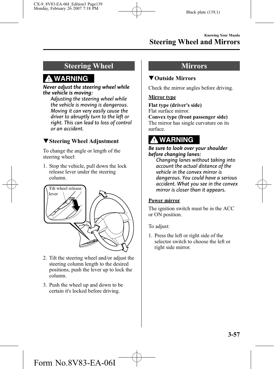 Steering wheel and mirrors, Steering wheel, Mirrors | Steering wheel and mirrors -57, Steering wheel -57 mirrors -57, Warning | Mazda 2007 CX-9 User Manual | Page 139 / 502