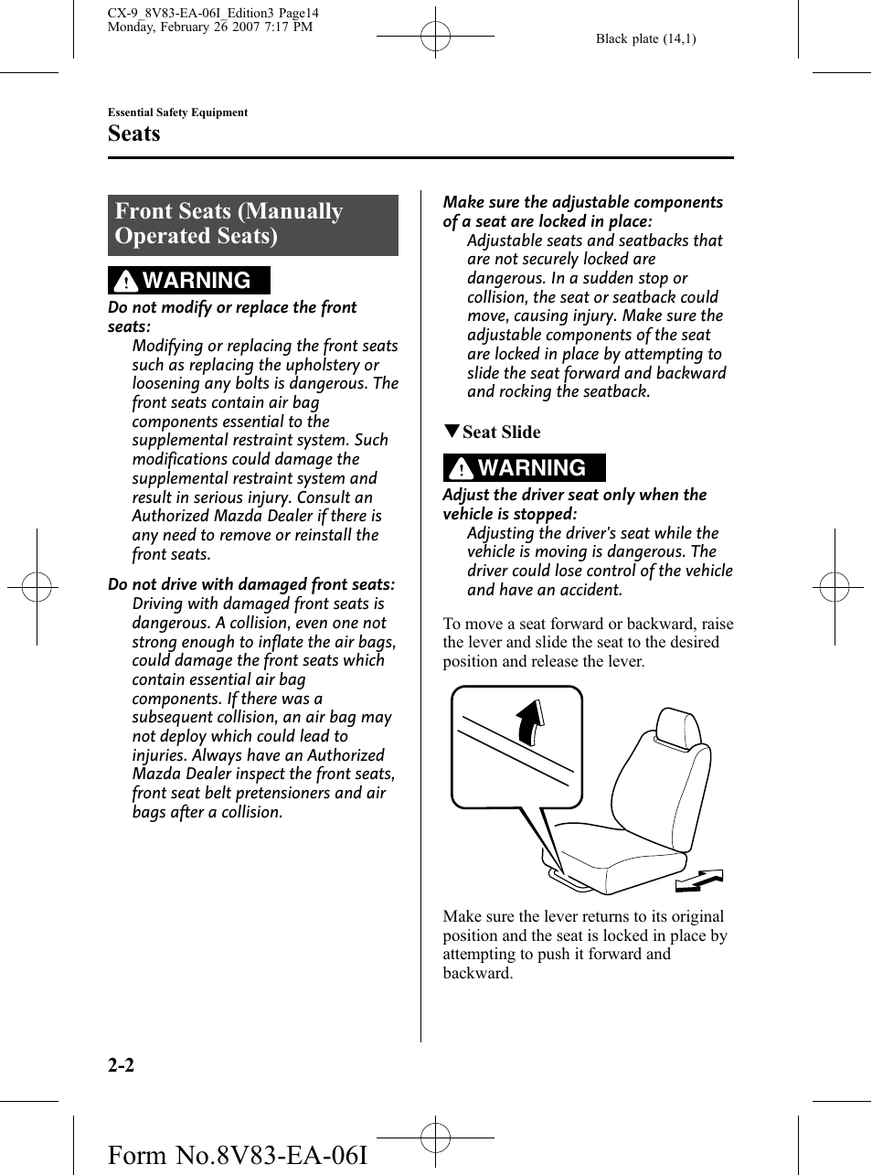 Seats, Front seats (manually operated seats), Seats -2 | Front seats (manually operated seats) -2, Warning | Mazda 2007 CX-9 User Manual | Page 14 / 502