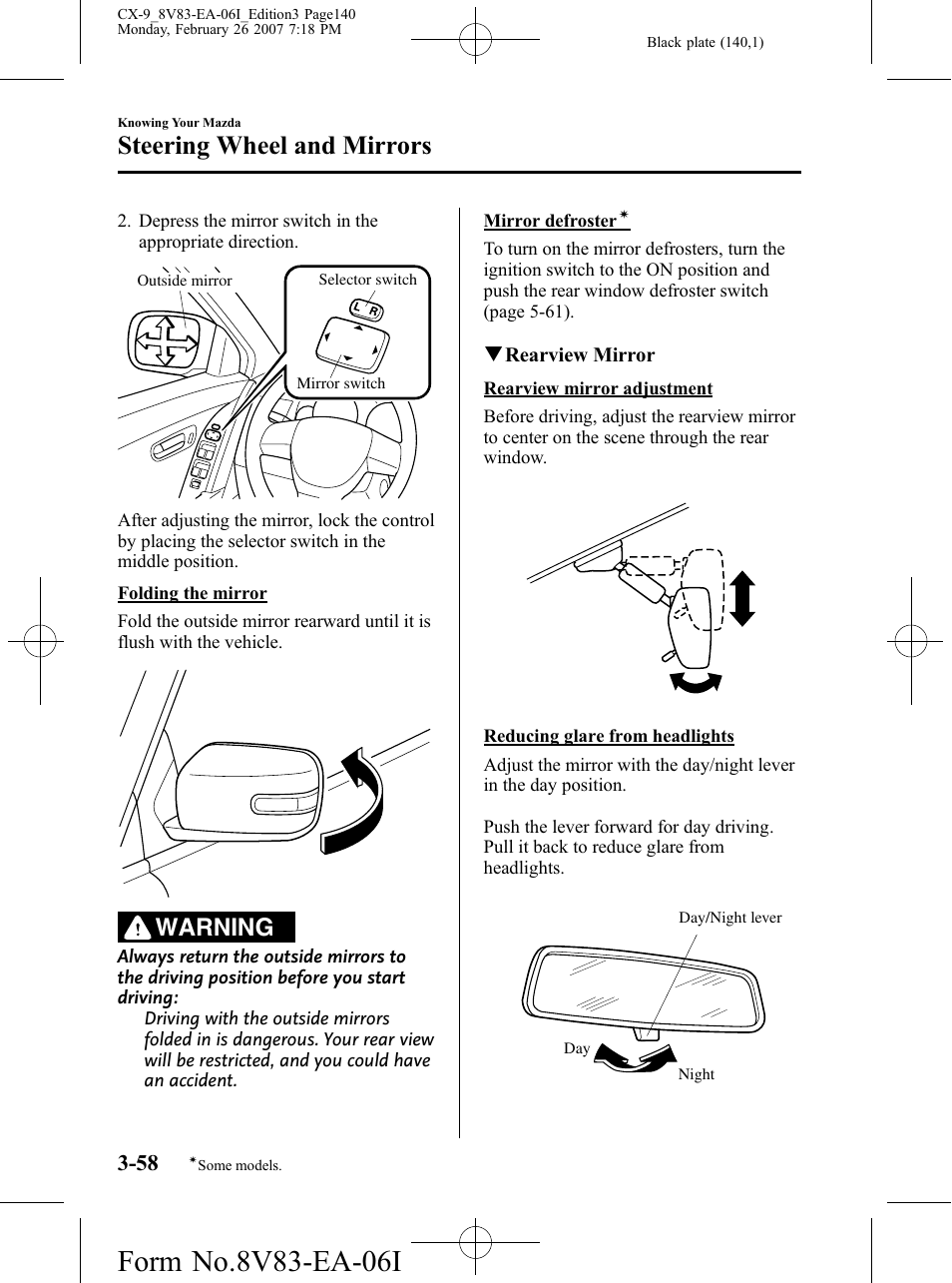 Steering wheel and mirrors, Warning | Mazda 2007 CX-9 User Manual | Page 140 / 502