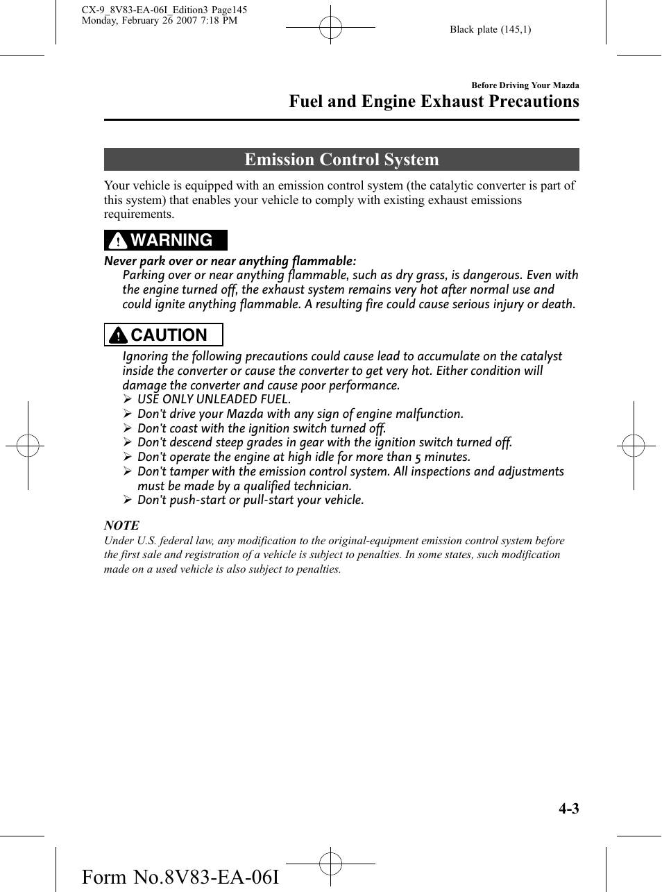 Emission control system, Emission control system -3, Fuel and engine exhaust precautions | Warning, Caution | Mazda 2007 CX-9 User Manual | Page 145 / 502
