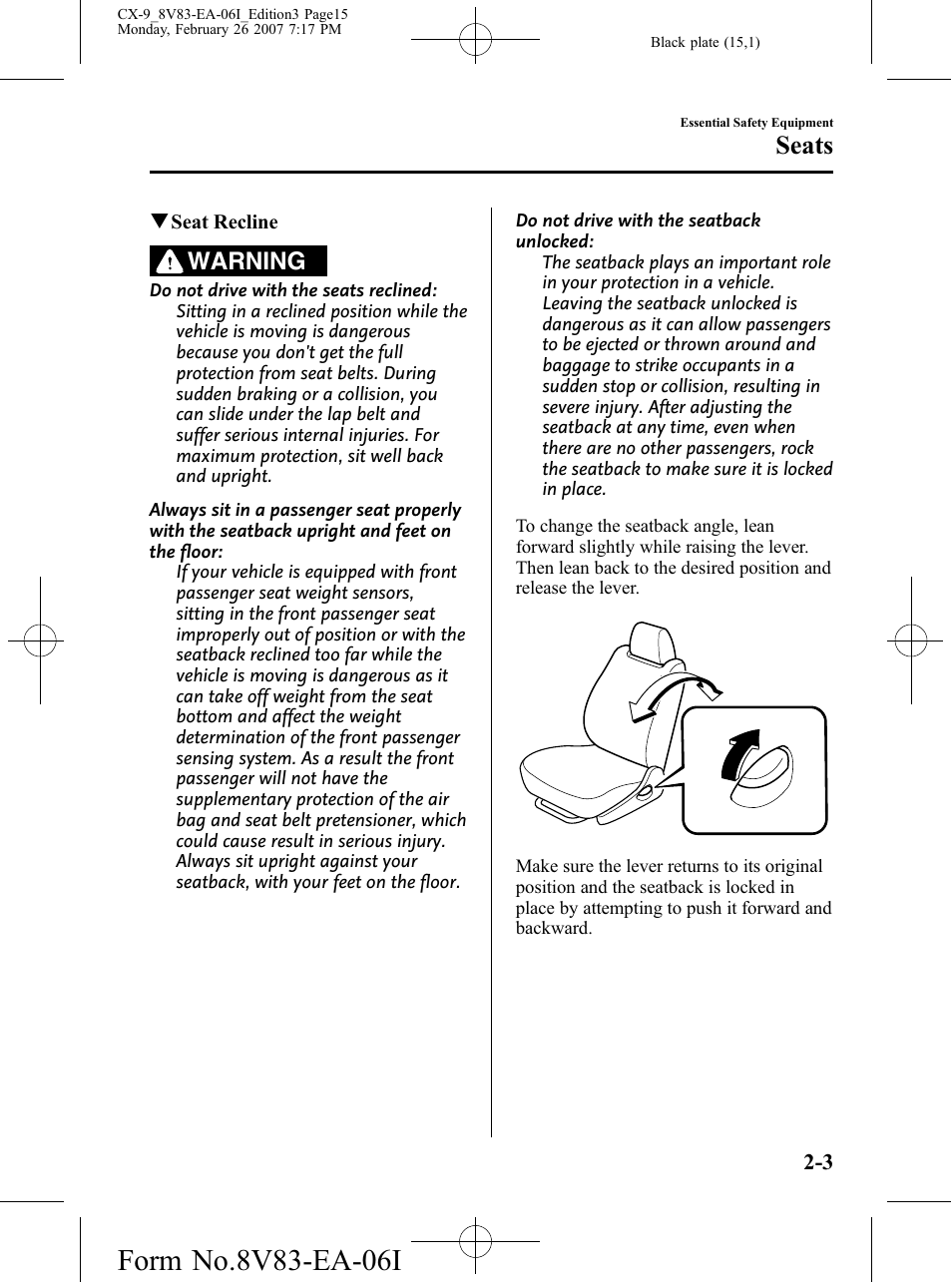 Seats, Warning | Mazda 2007 CX-9 User Manual | Page 15 / 502