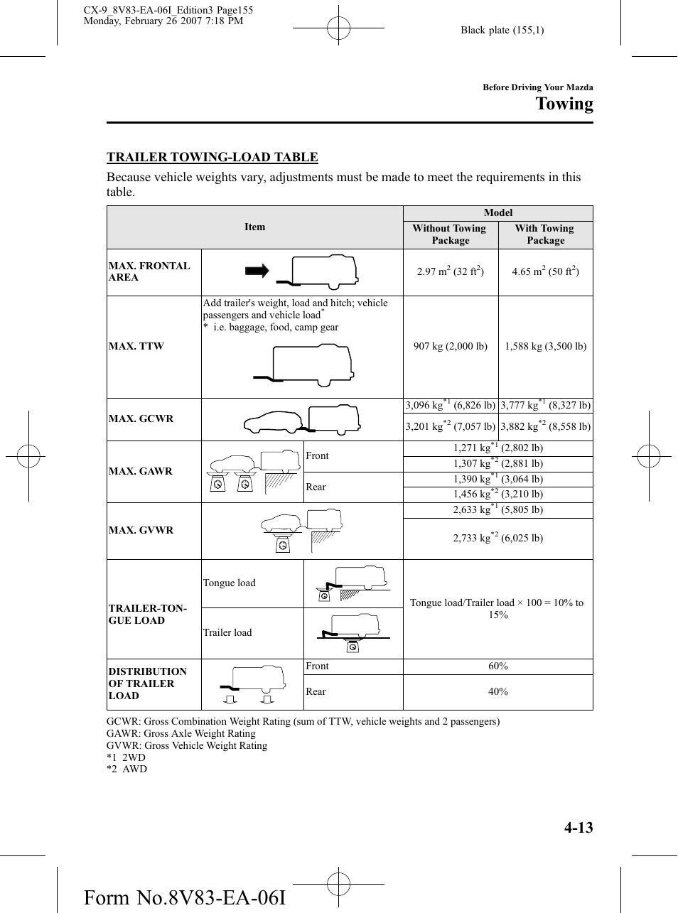 Towing | Mazda 2007 CX-9 User Manual | Page 155 / 502
