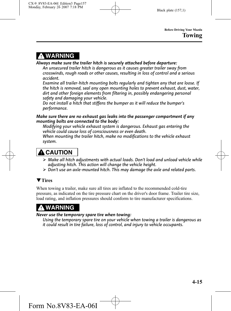 Towing, Warning, Caution | Mazda 2007 CX-9 User Manual | Page 157 / 502