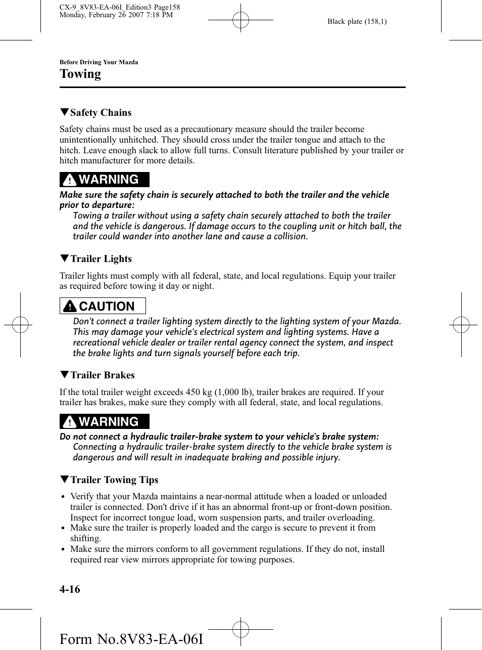 Towing, Warning, Caution | Mazda 2007 CX-9 User Manual | Page 158 / 502