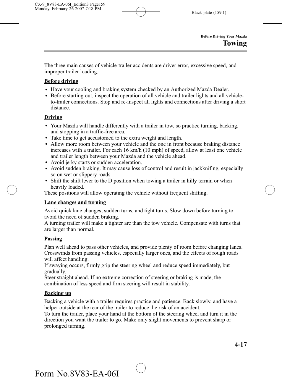 Towing | Mazda 2007 CX-9 User Manual | Page 159 / 502