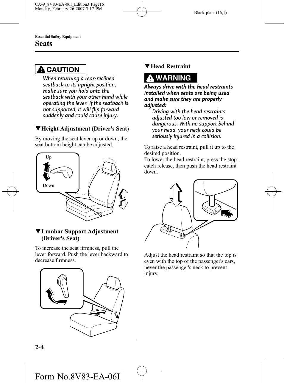 Seats, Caution, Warning | Mazda 2007 CX-9 User Manual | Page 16 / 502
