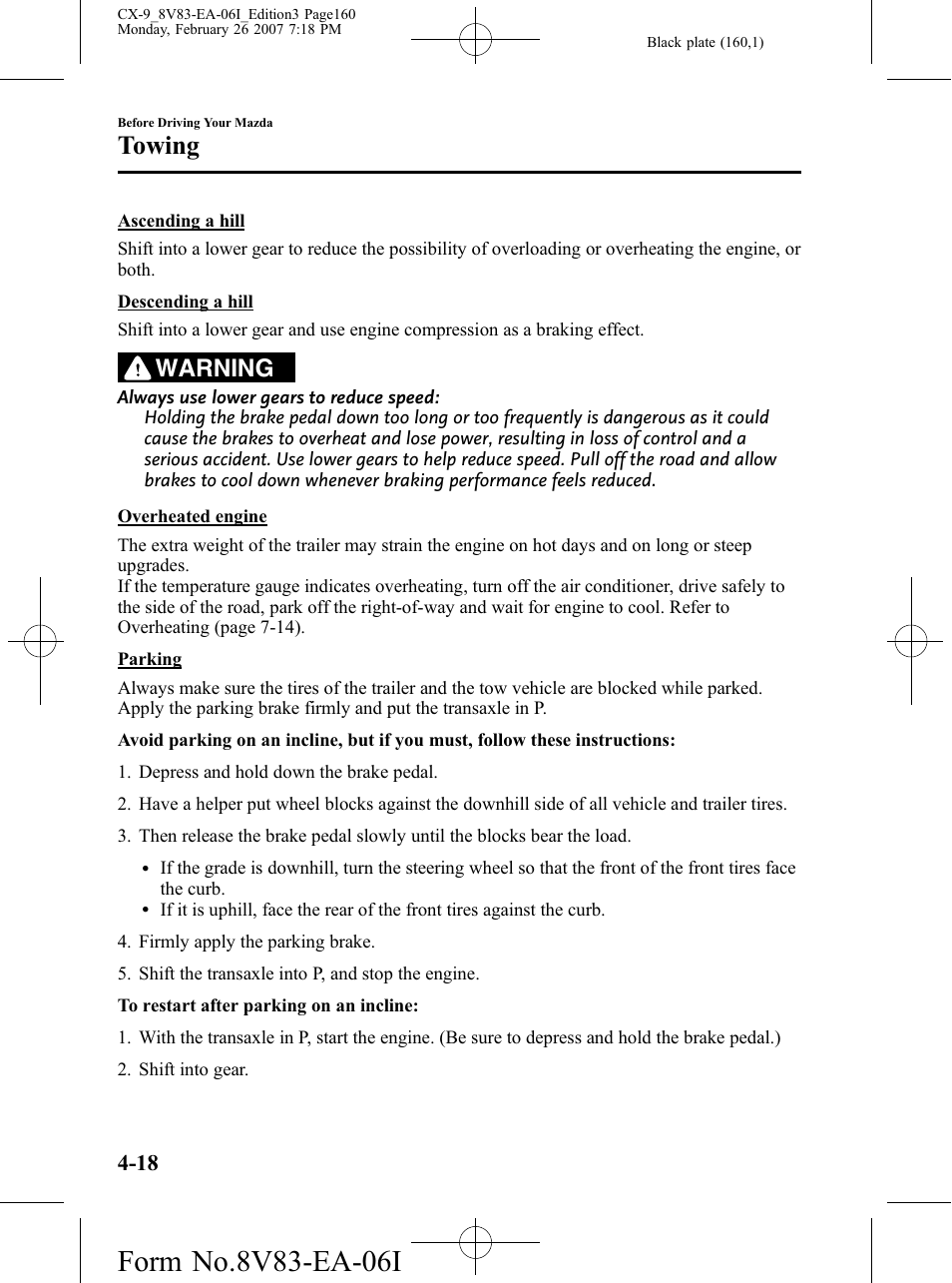 Towing, Warning | Mazda 2007 CX-9 User Manual | Page 160 / 502