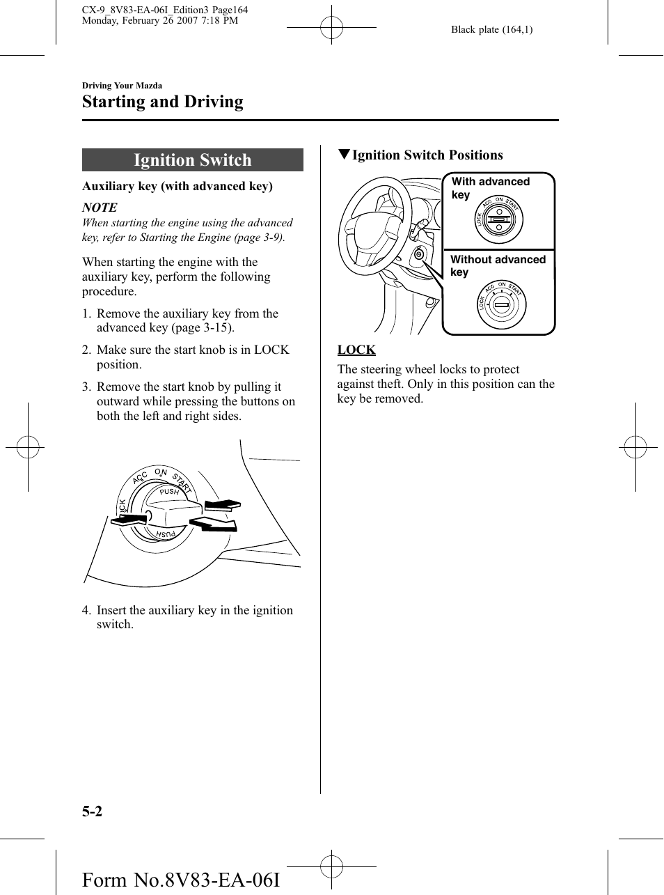 Starting and driving, Ignition switch, Starting and driving -2 | Ignition switch -2 | Mazda 2007 CX-9 User Manual | Page 164 / 502