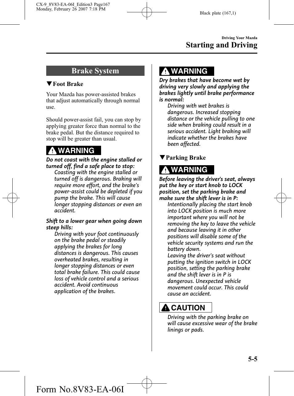 Brake system, Brake system -5, Starting and driving | Warning, Caution | Mazda 2007 CX-9 User Manual | Page 167 / 502