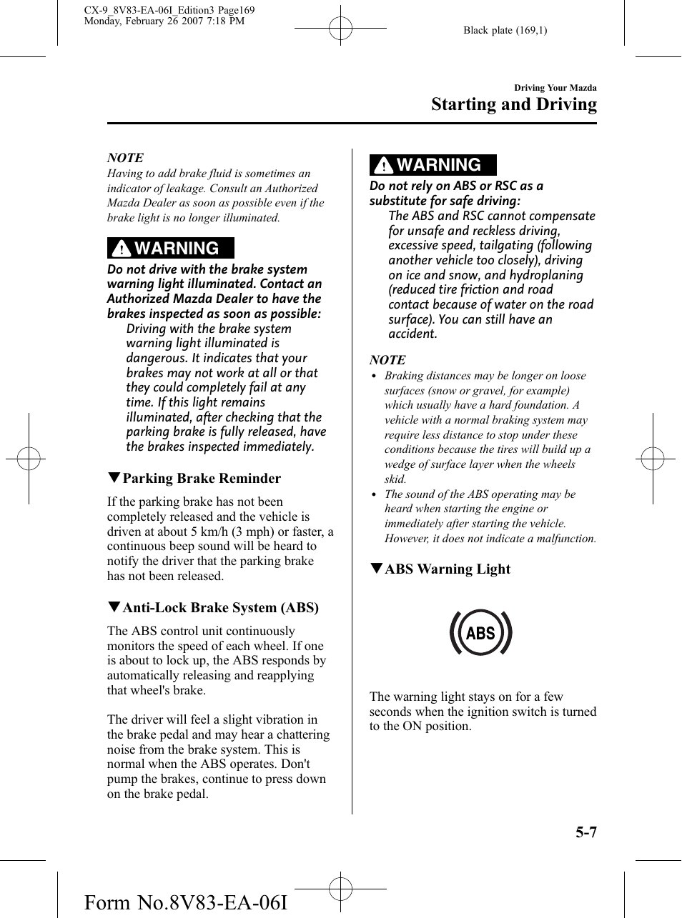 Starting and driving, Warning | Mazda 2007 CX-9 User Manual | Page 169 / 502