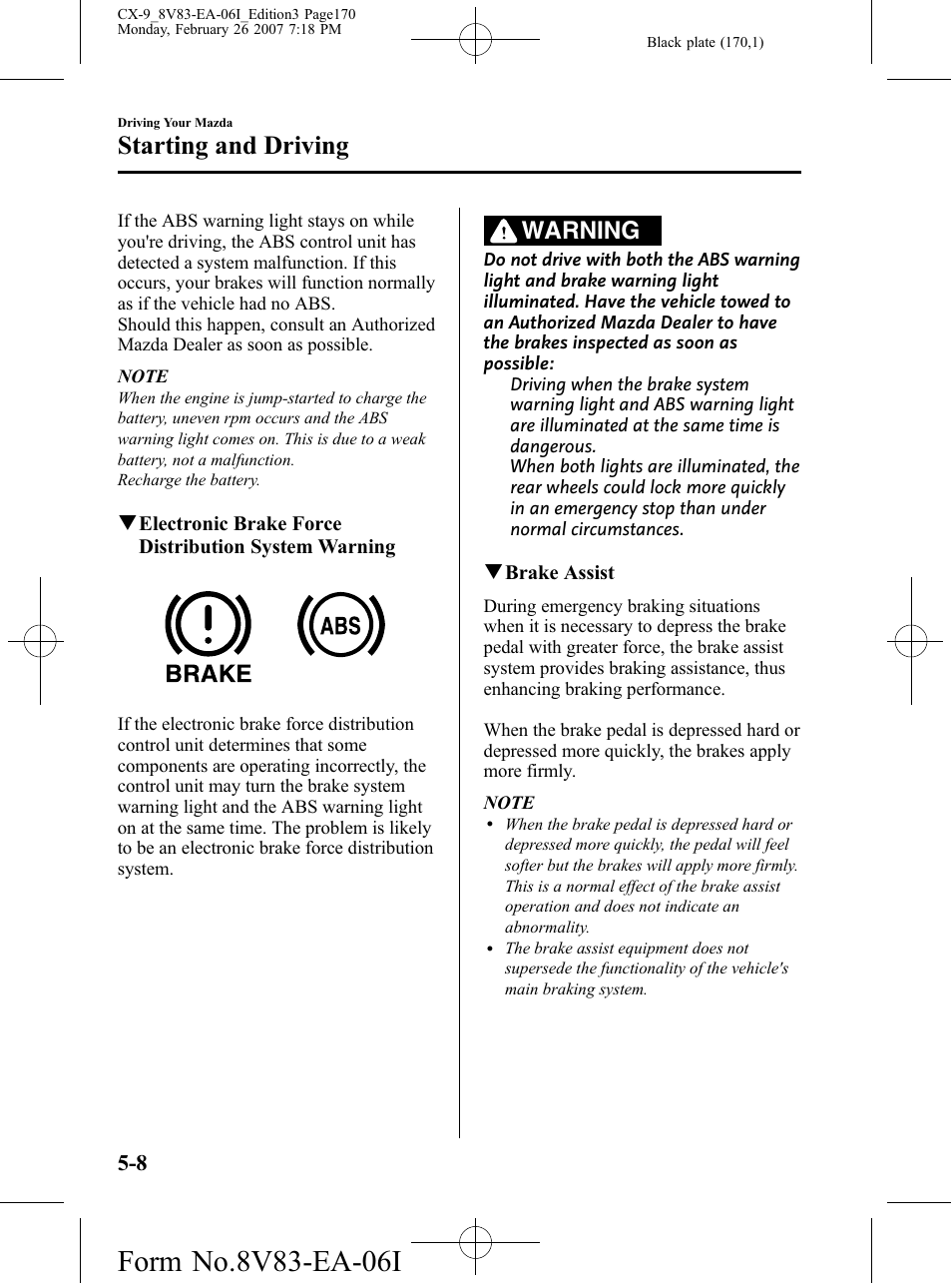 Starting and driving, Warning | Mazda 2007 CX-9 User Manual | Page 170 / 502