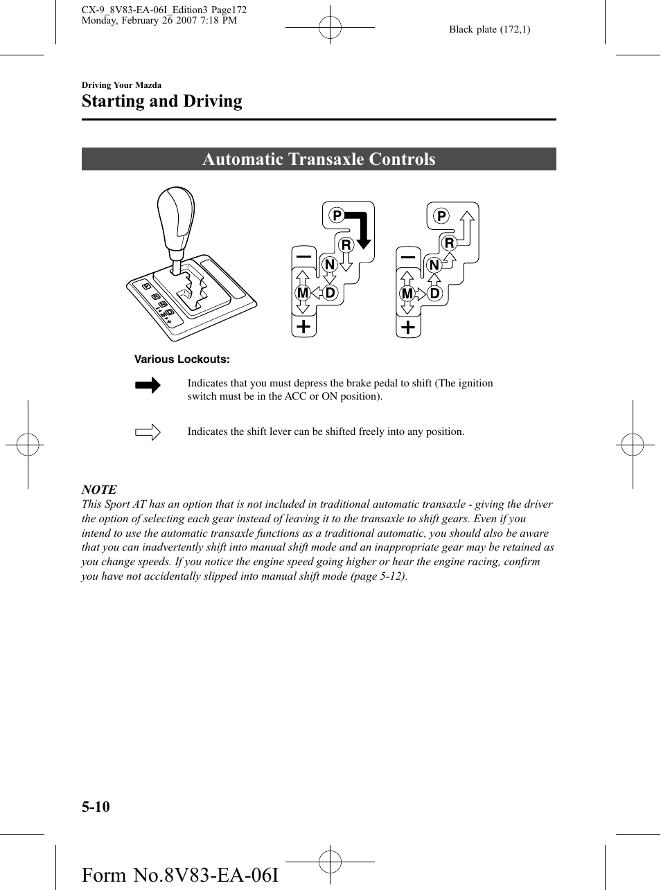 Automatic transaxle controls, Automatic transaxle controls -10, Starting and driving | Mazda 2007 CX-9 User Manual | Page 172 / 502