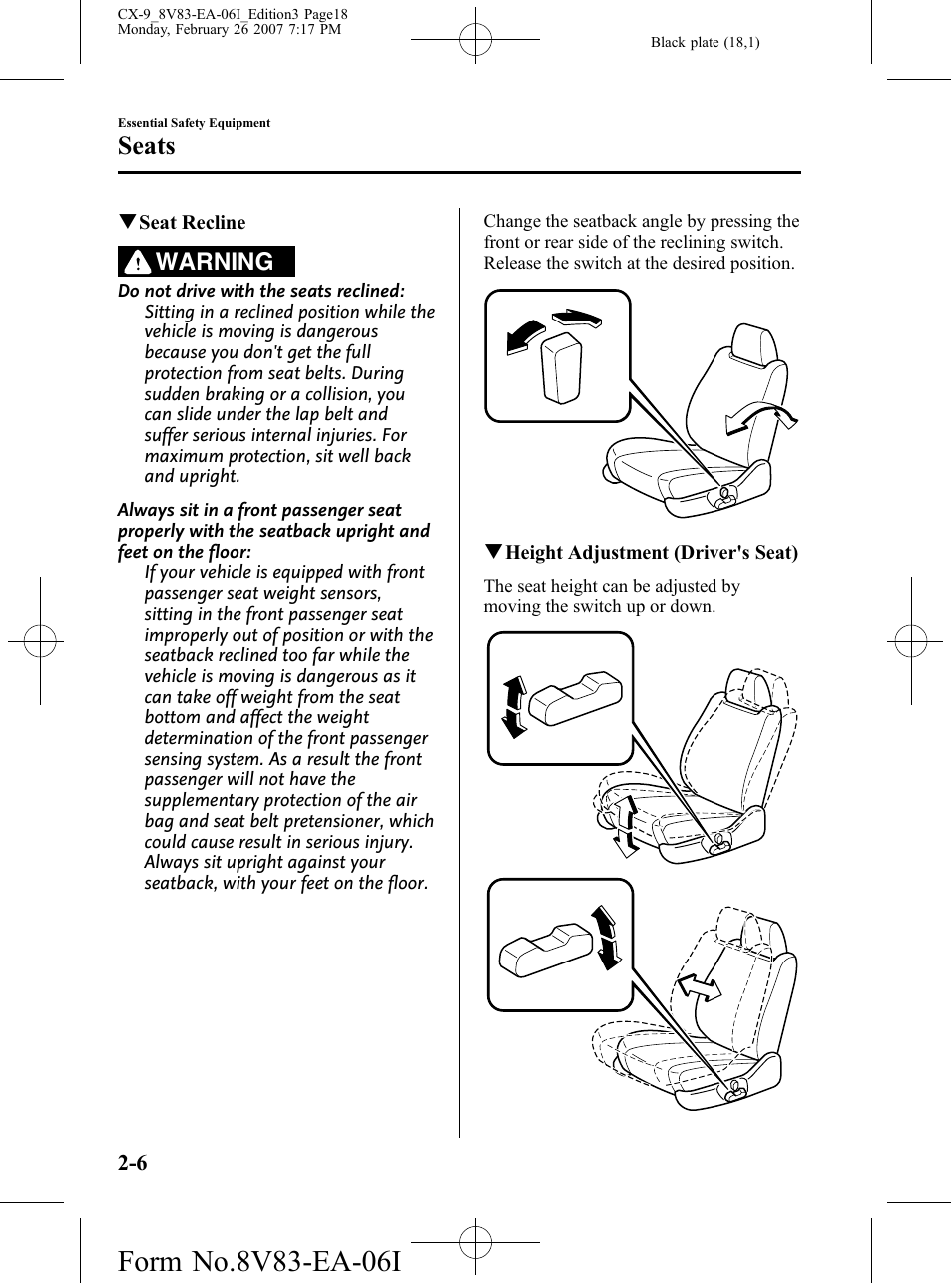 Seats, Warning | Mazda 2007 CX-9 User Manual | Page 18 / 502