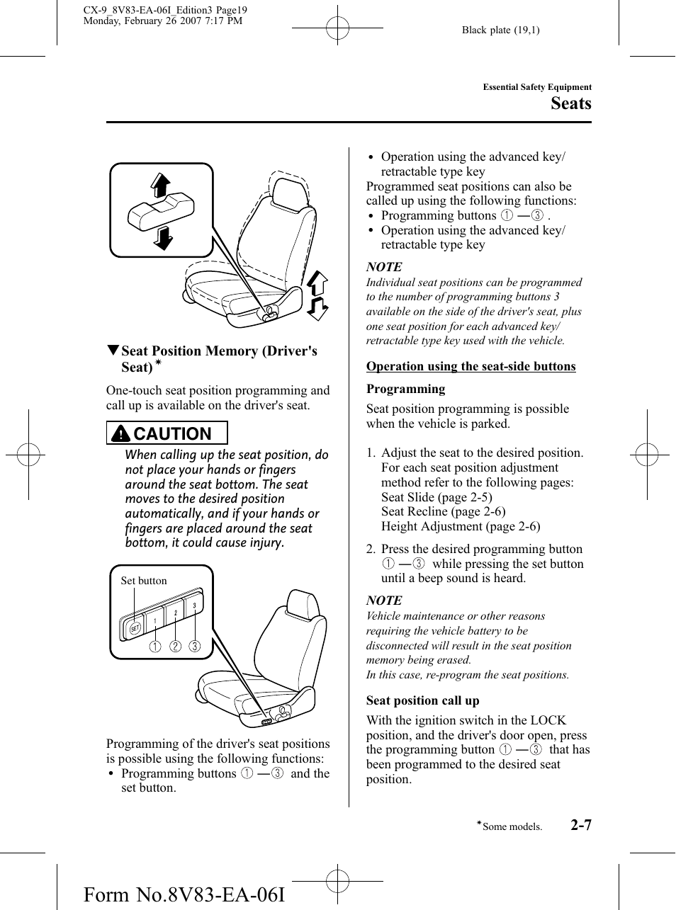 Seats, Caution | Mazda 2007 CX-9 User Manual | Page 19 / 502