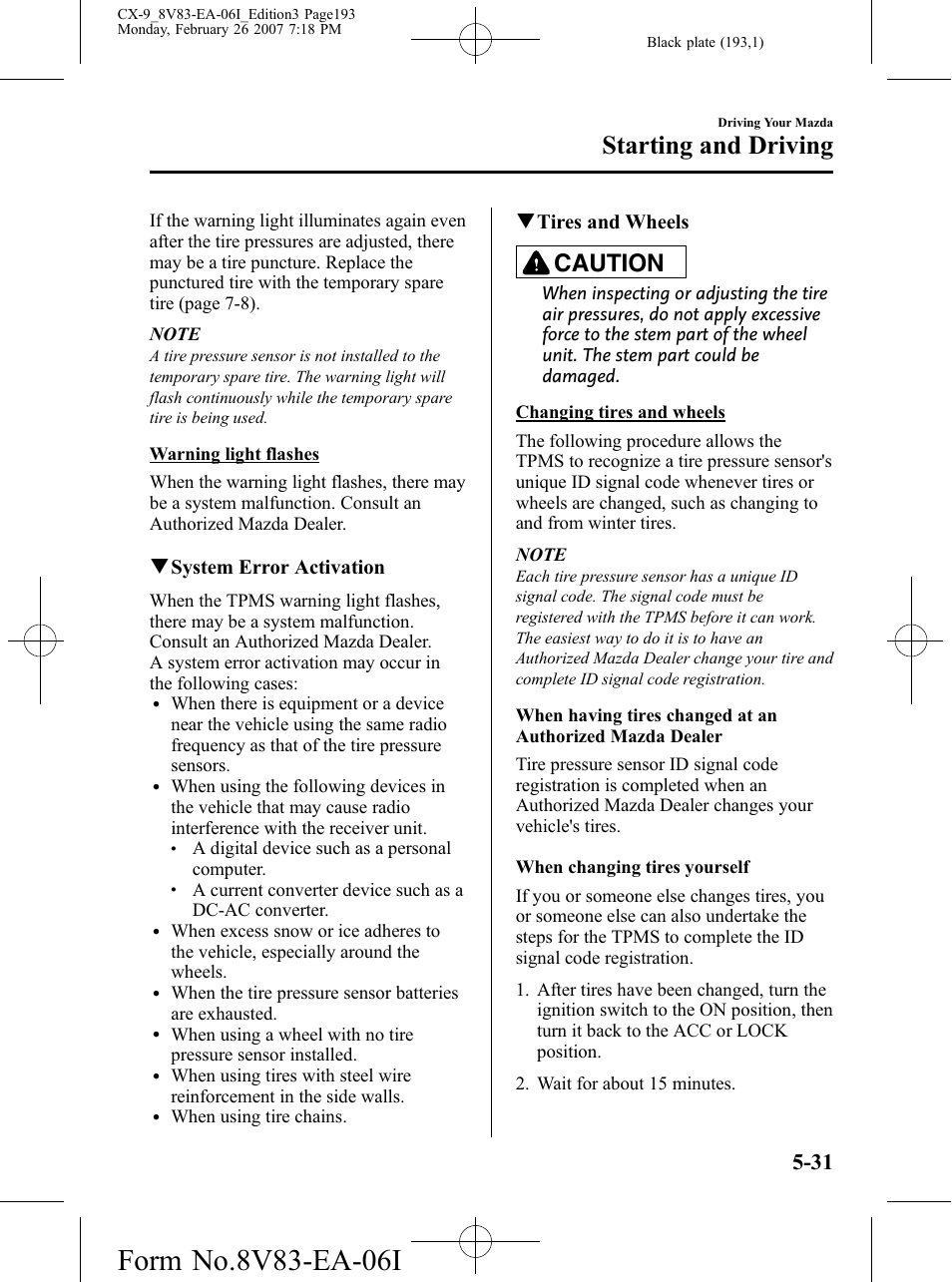 Starting and driving, Caution, Qsystem error activation | Qtires and wheels | Mazda 2007 CX-9 User Manual | Page 193 / 502