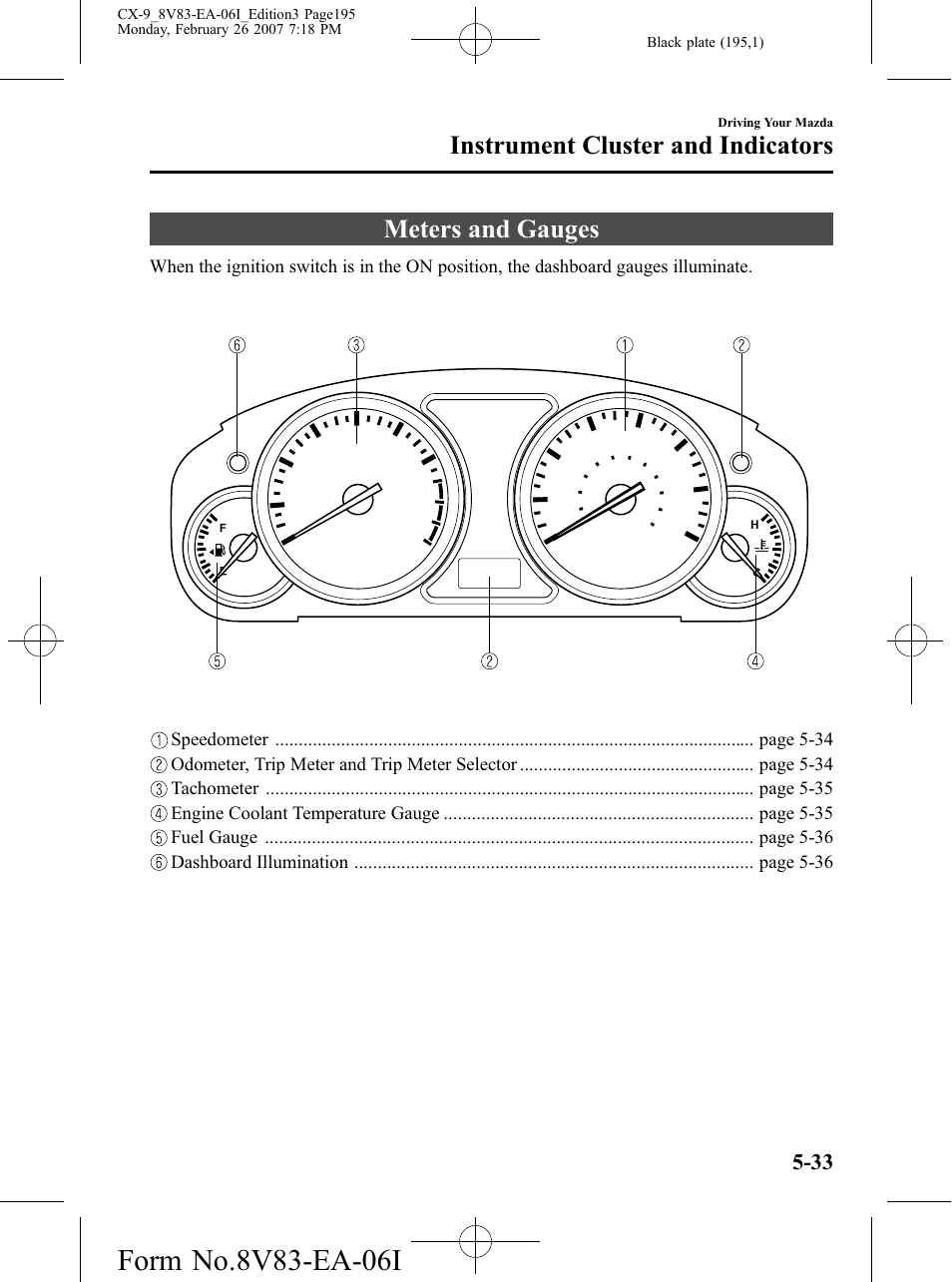 Instrument cluster and indicators, Meters and gauges, Instrument cluster and indicators -33 | Meters and gauges -33 | Mazda 2007 CX-9 User Manual | Page 195 / 502