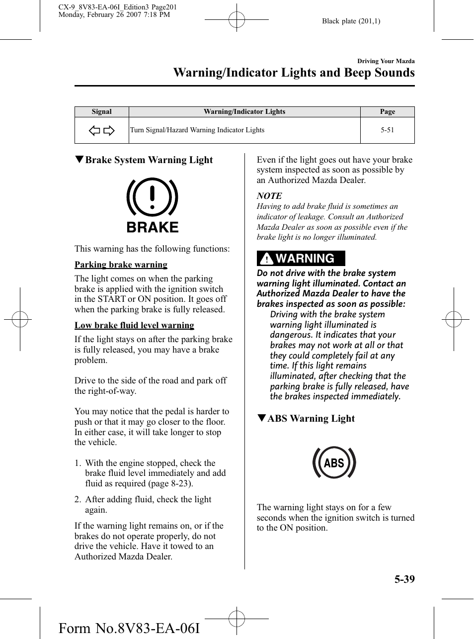 Warning/indicator lights and beep sounds, Warning | Mazda 2007 CX-9 User Manual | Page 201 / 502