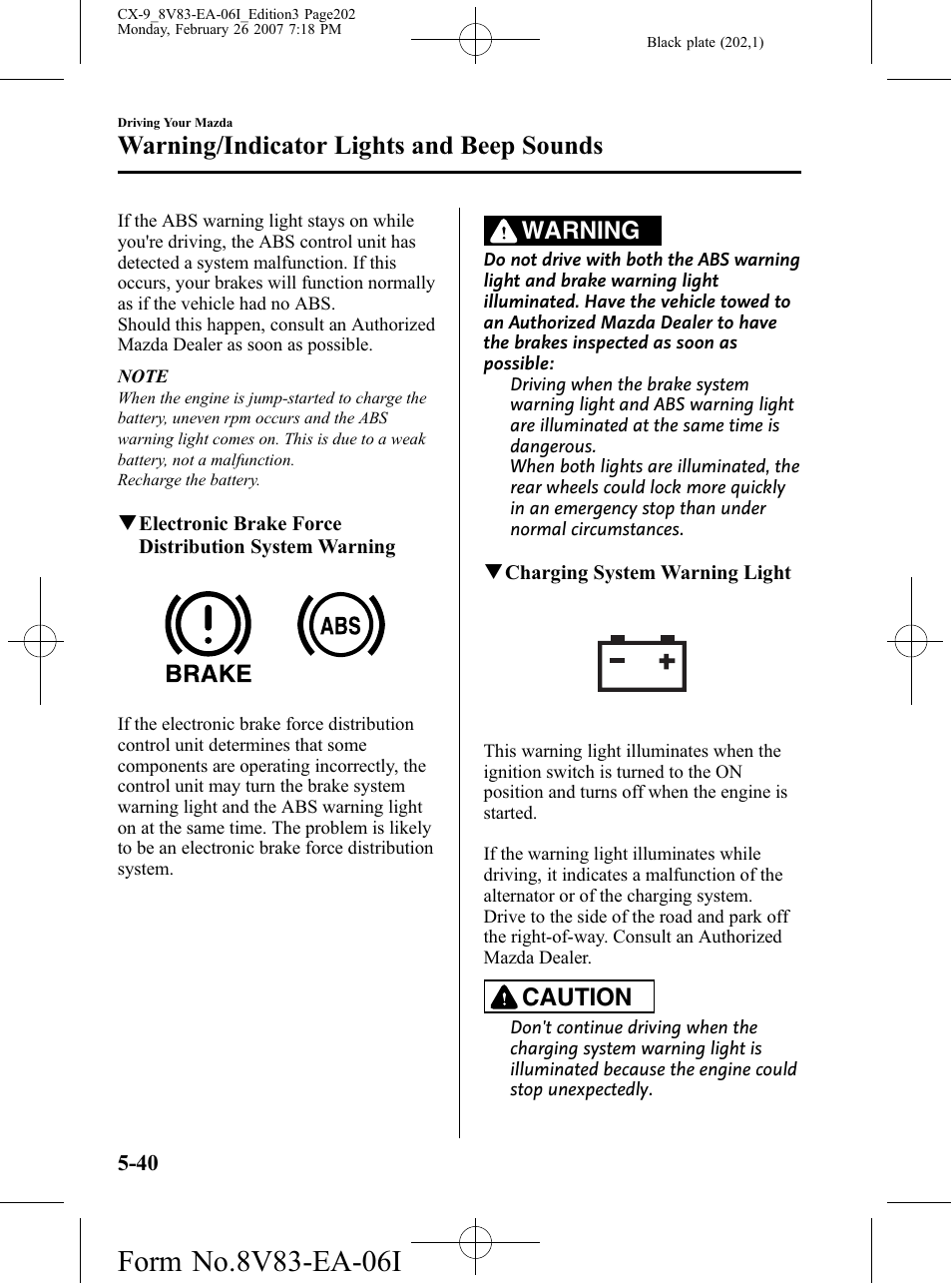 Warning/indicator lights and beep sounds, Warning, Caution | Mazda 2007 CX-9 User Manual | Page 202 / 502