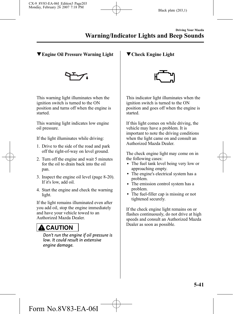 Warning/indicator lights and beep sounds, Caution | Mazda 2007 CX-9 User Manual | Page 203 / 502