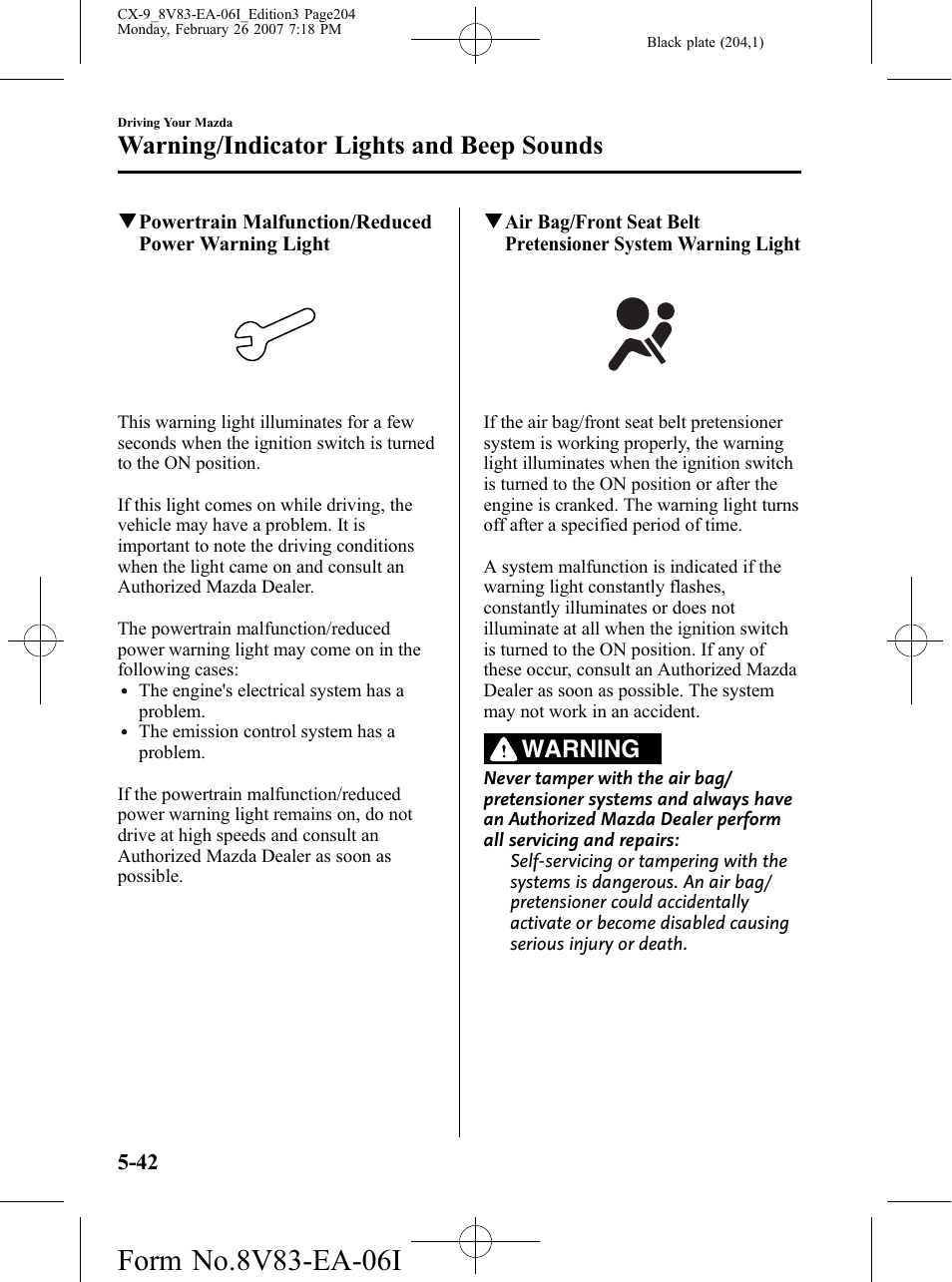 Warning/indicator lights and beep sounds, Warning | Mazda 2007 CX-9 User Manual | Page 204 / 502