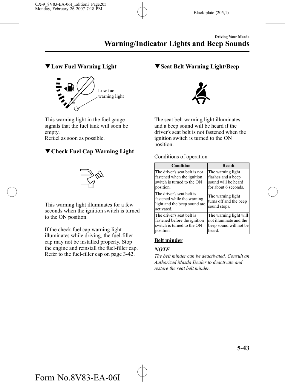 Warning/indicator lights and beep sounds | Mazda 2007 CX-9 User Manual | Page 205 / 502
