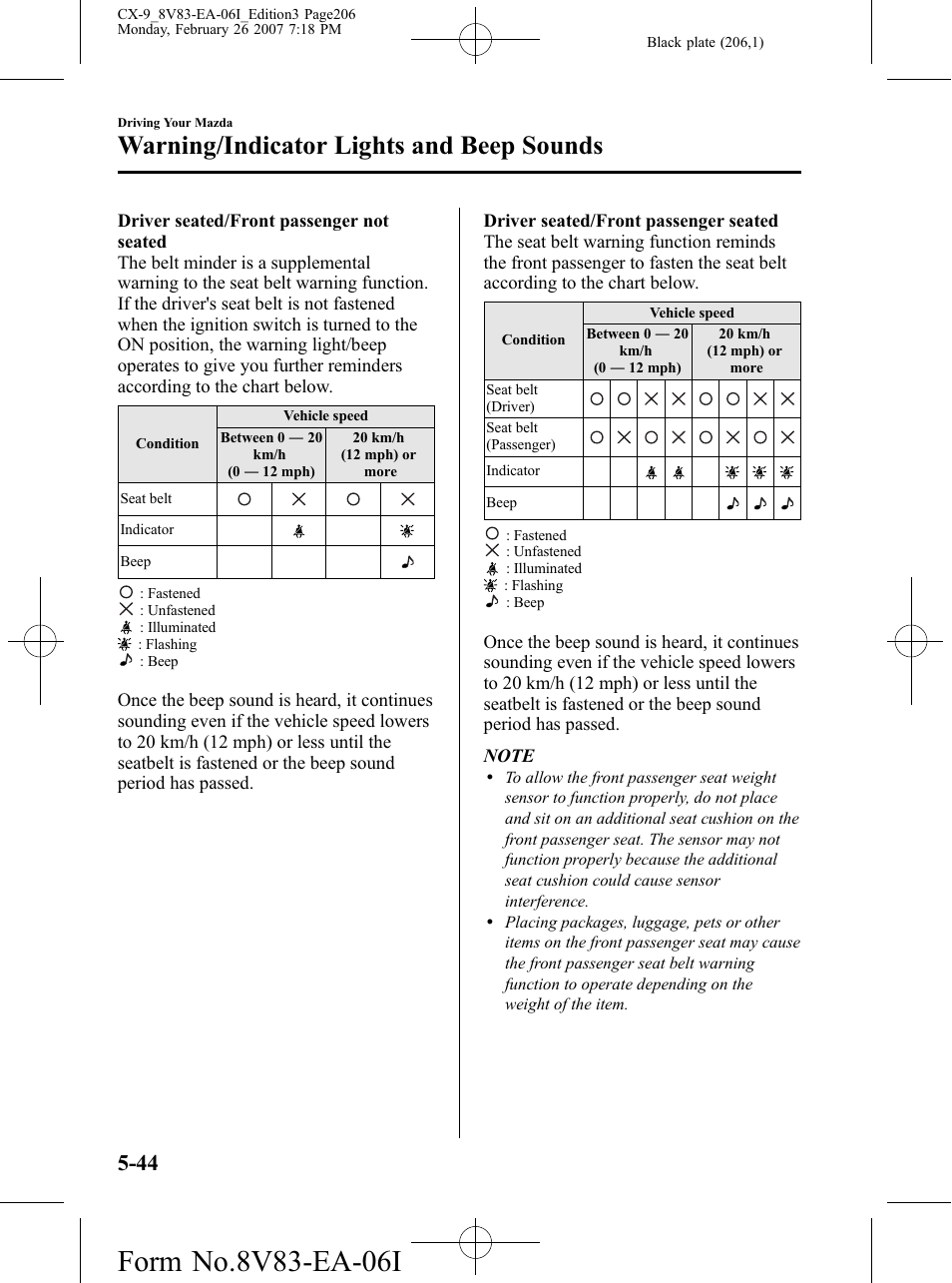 Warning/indicator lights and beep sounds | Mazda 2007 CX-9 User Manual | Page 206 / 502