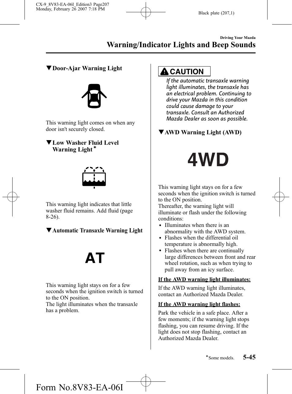 Warning/indicator lights and beep sounds, Caution | Mazda 2007 CX-9 User Manual | Page 207 / 502