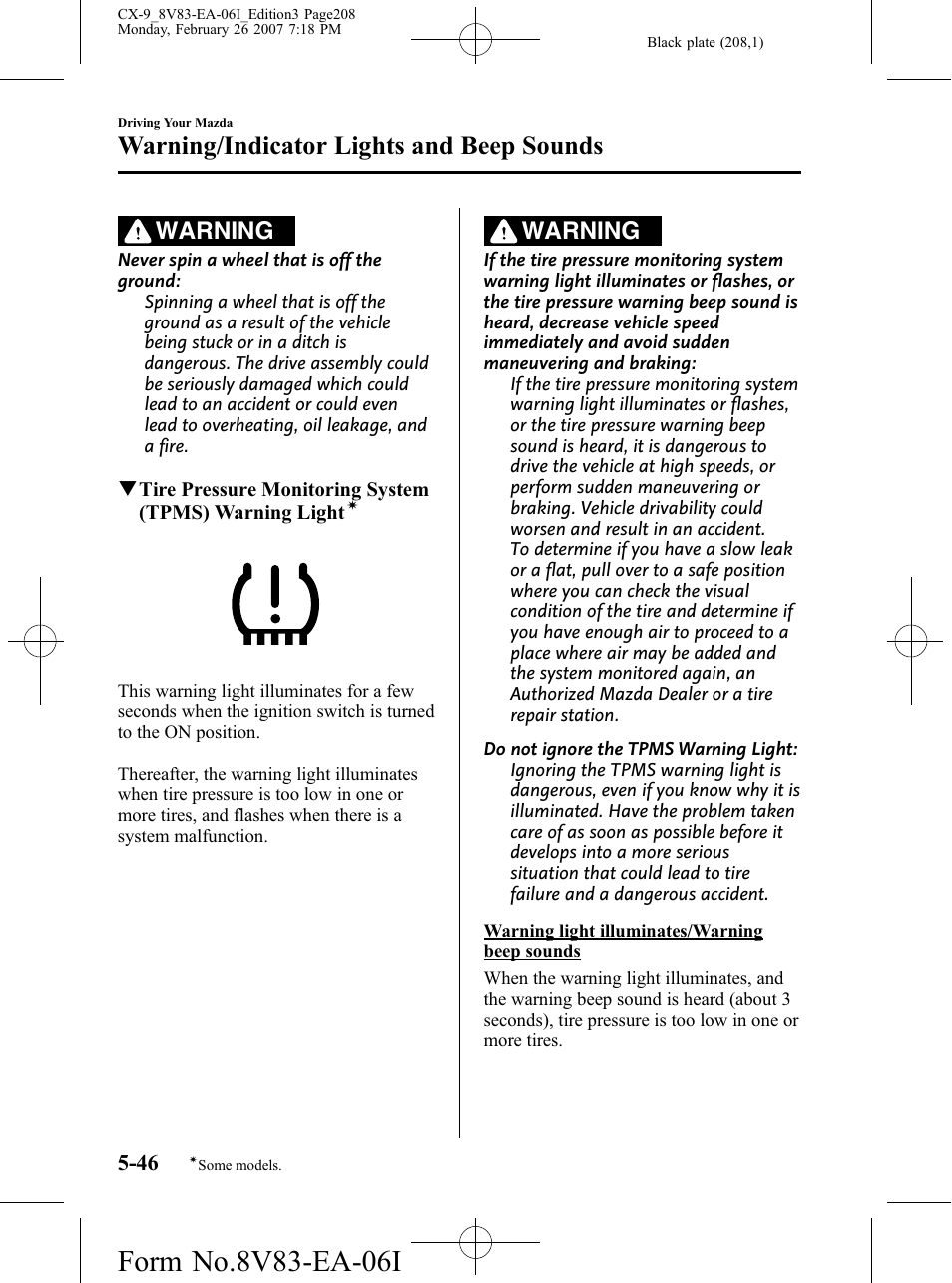 Warning/indicator lights and beep sounds, Warning | Mazda 2007 CX-9 User Manual | Page 208 / 502
