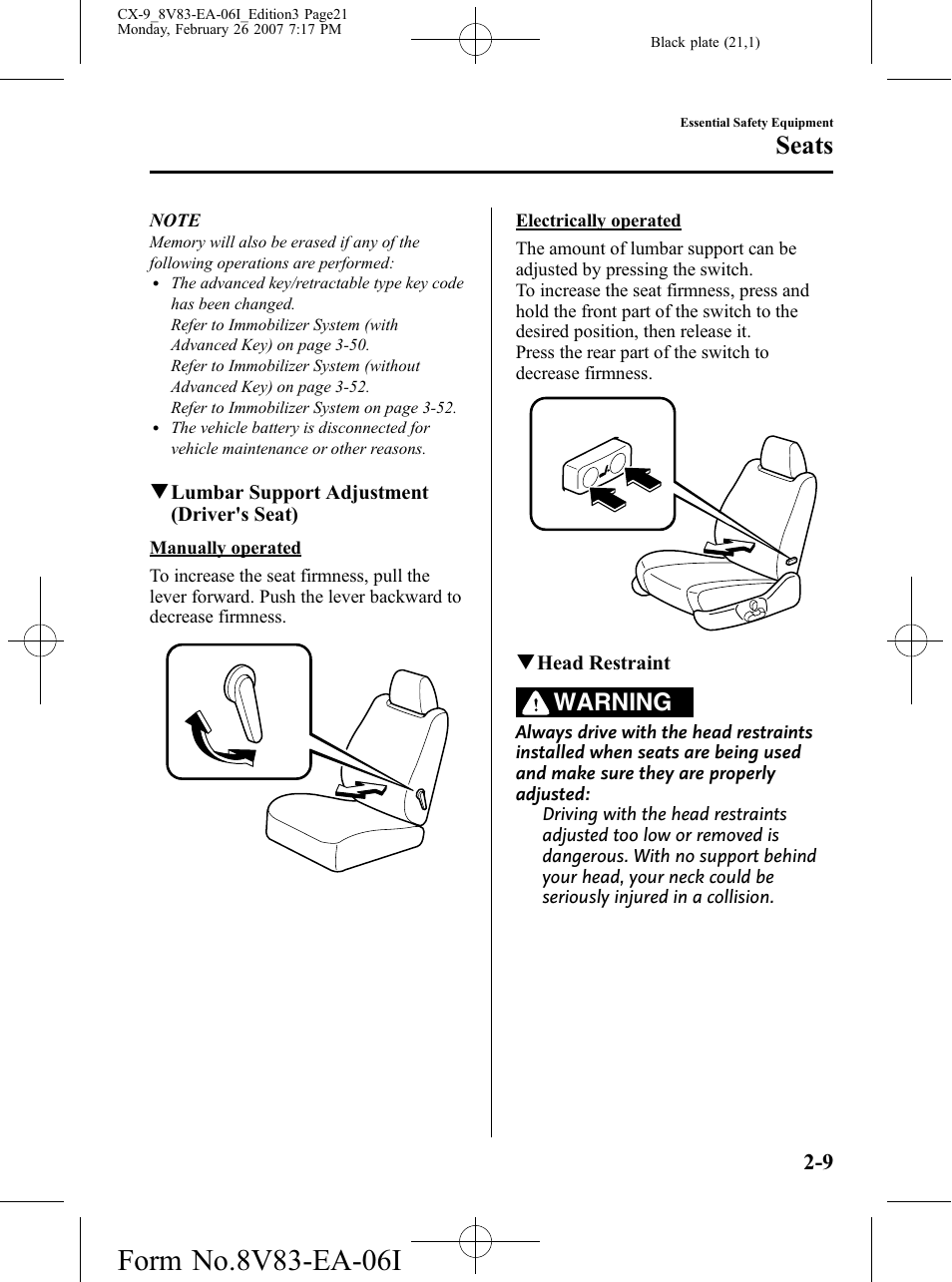 Seats, Warning | Mazda 2007 CX-9 User Manual | Page 21 / 502