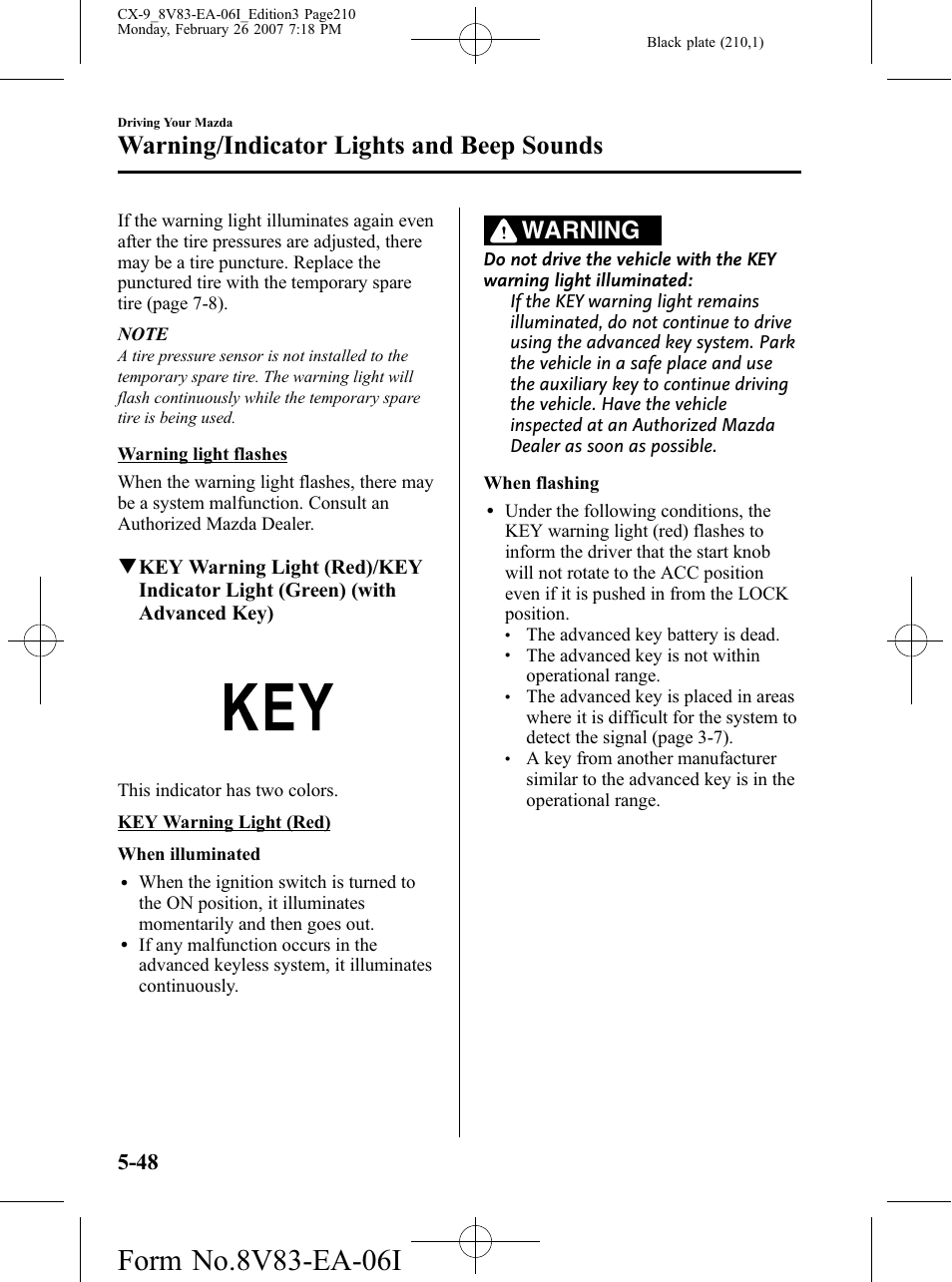 Warning/indicator lights and beep sounds, Warning | Mazda 2007 CX-9 User Manual | Page 210 / 502