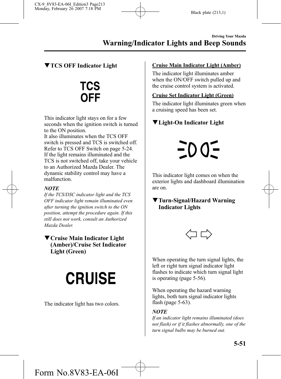 Warning/indicator lights and beep sounds | Mazda 2007 CX-9 User Manual | Page 213 / 502