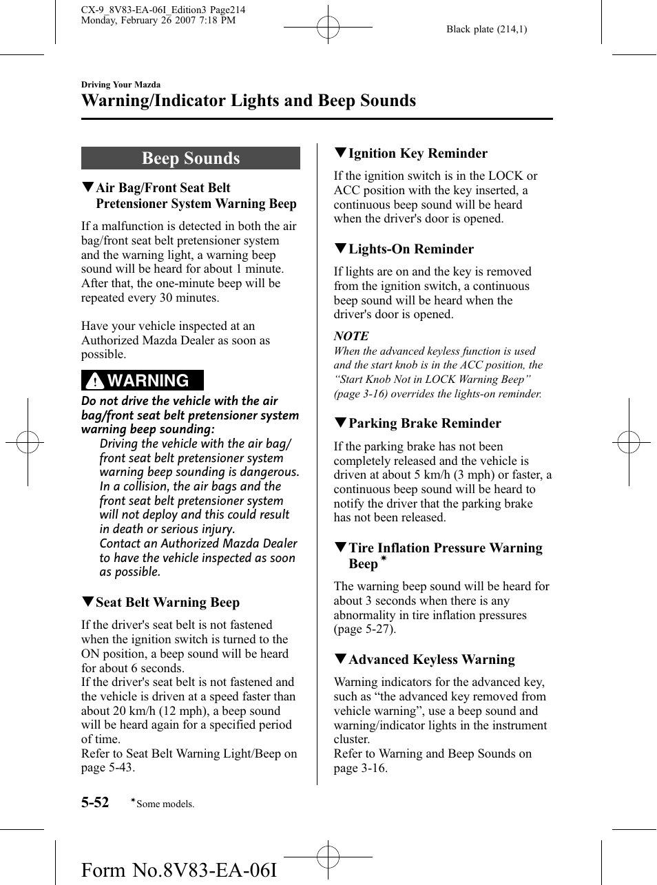 Beep sounds, Beep sounds -52, Warning/indicator lights and beep sounds | Warning | Mazda 2007 CX-9 User Manual | Page 214 / 502